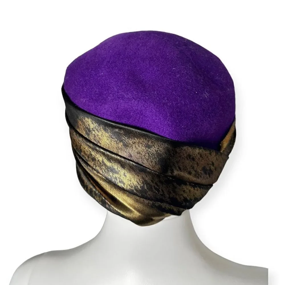 Vintage Purple Wool Pillbox Hat Rhinestones Satin Wrap 1960s Jackie O Aesthetic - Picture 4 of 10